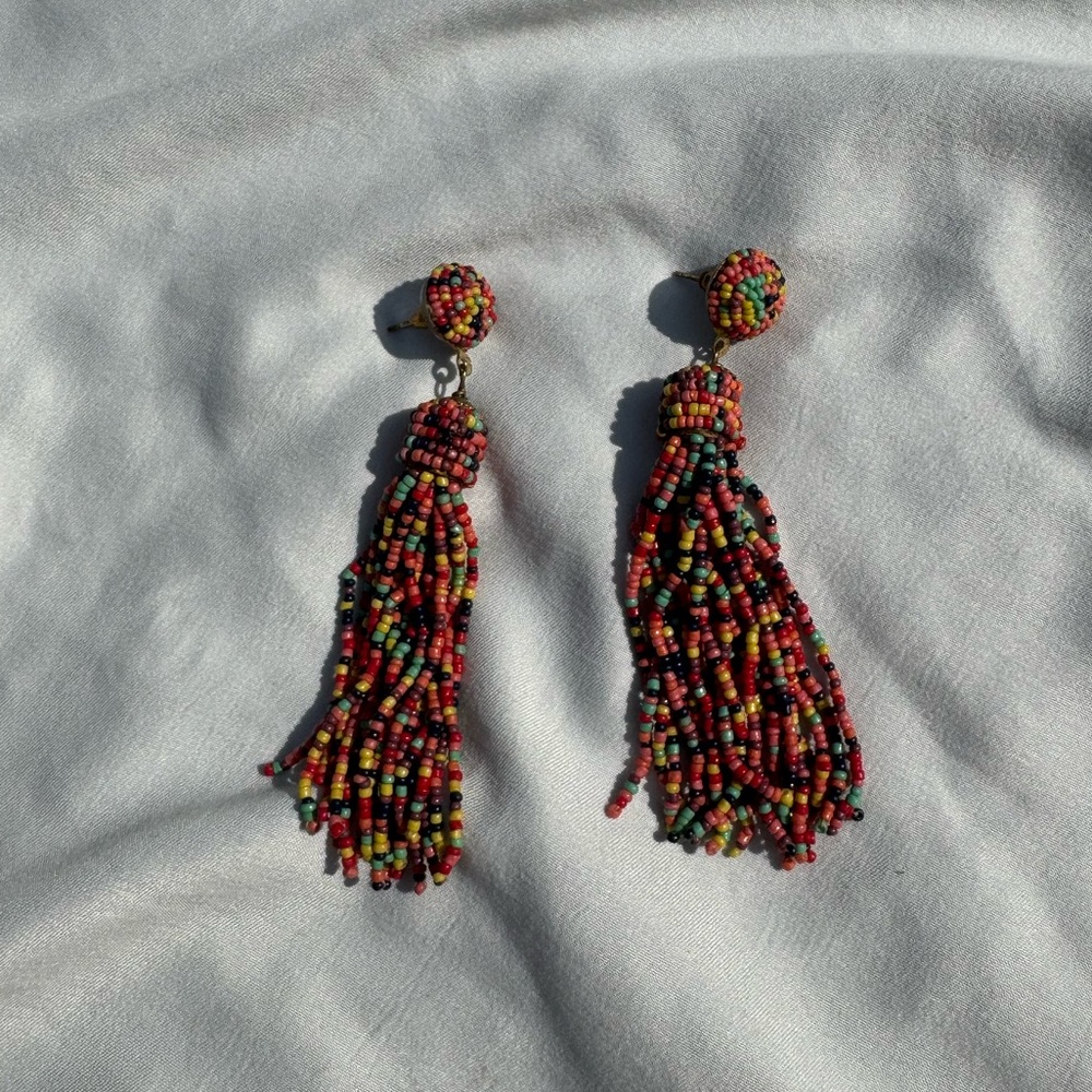 Multicolored Beaded Tassel Earrings w/ Gold Hardware